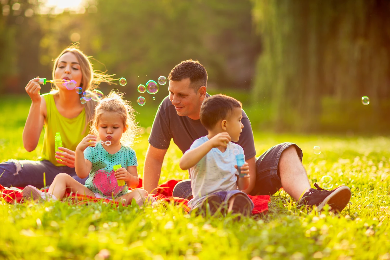 happy family in a field having a picnic and blowing bubbles